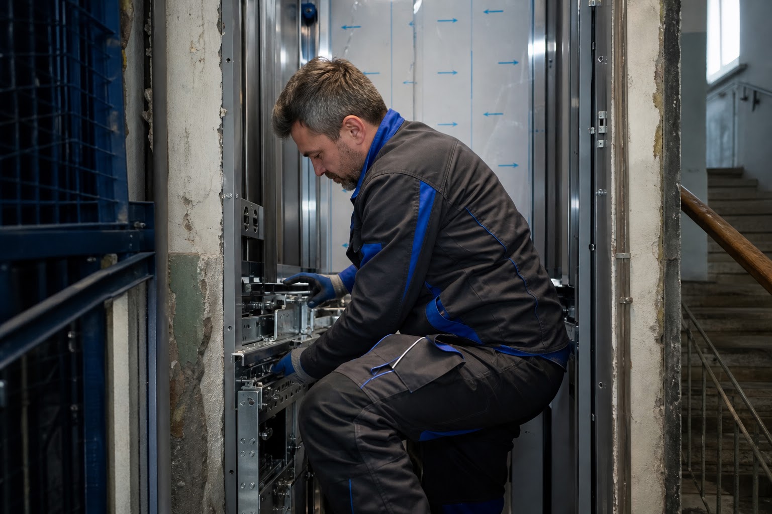 Technik pri výmene starého výťahu